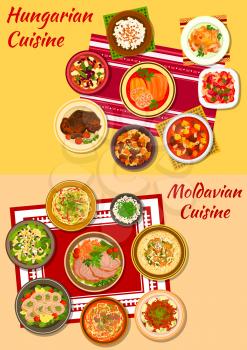 Hungarian and moldavian cuisine icon with rich meat and vegetable stews, baked pork, stuffed papper, noodles, dumpling and vegetable salads, chicken paprikash and roll, noodle and bean soups
