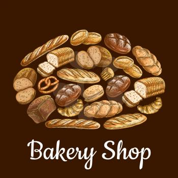 Bakery shop emblem in shape of bread loaf with vector sketch elements of bread and bakery products wheat and rye bread bricks and bagels, pretzel, fresh baked bun on brown background