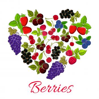 Berries in shape of heart. Vector emblem of sweet forest and garden berries grapes, strawberry, blueberry, gooseberry, black and red currant, cherry, raspberry for jam, juice marmalade dessert sticker
