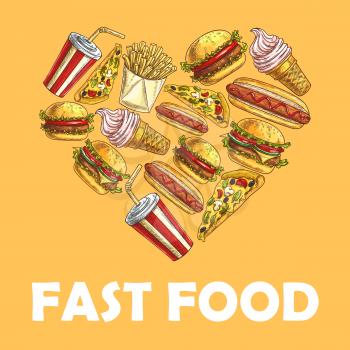 Fast food symbol in shape of heart. Vector sketch cheeseburger, pizza slice, hot dog, french fries, hamburger, soda drink, ice cream