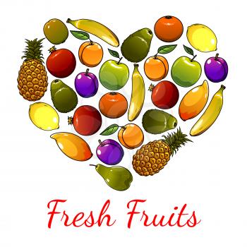 Fruits heart symbol of banana, avocado, orange, lemon, apple, mango, plum, pomegranate, pear, apricot, kiwi. Fresh fruits sign of tropical and exotic fruit pattern