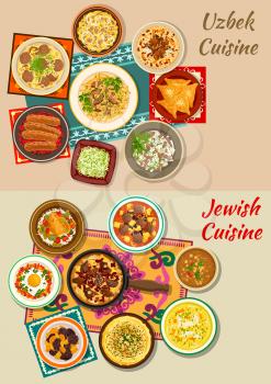 Jewish and uzbek cuisine dishes with kebab, beef and bean stew, meat pie, rice chicken with olives, meatball and fried egg, pilaf, meat and chickpea soups with noodles, radish salad, dry fruit dessert