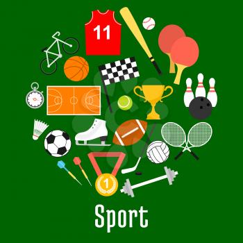 Sport symbols and sporting items in a shape of circle with balls for soccer, football, volleyball, basketball, tennis, baseball, bowling, hockey puck, bicycle, trophy, darts, rackets, racing flag