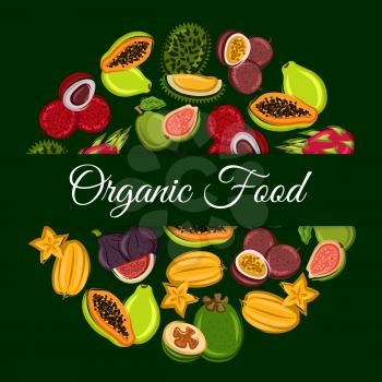 Organic fruit round symbol with exotic tropical dragon fruit, papaya, carambola, passion fruit, feijoa, durian, lychee, guava and fig. Fruit dessert, food and drink packaging design