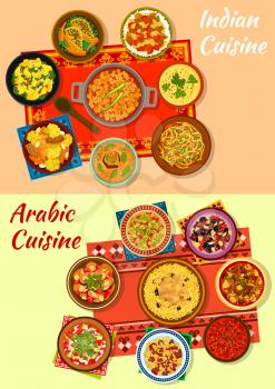 Indian and arabic cuisine dinner icon with meat and vegetable curry and stew, chicken rice, spinach potato, warm cabbage and zucchini salads, snack pie, lamb tagine with dried fruit