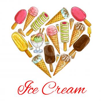 Ice cream love symbol. Vector heart shape emblem of ice cream pattern. Sketch icons of icecream eskimo pie, frozen ice, sorbet, gelato, sundae, scoops in cones and cups. Decoration for cafe menu card,