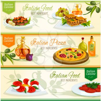 Italian cuisine popular dishes banner set of pizza with cheese, sausage and olive toppings, lasagna, tomato mozzarella and caesar salads, beef carpaccio and steak medallion with mushroom and basil