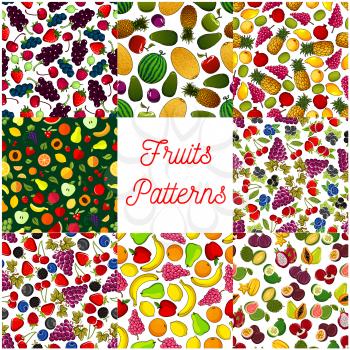Fruit and berry seamless pattern background set of apple, strawberry, orange, banana, cherry, grape, mango, papaya, pineapple, peach, feijoa, lemon, plum, watermelon. Fruit background for food design