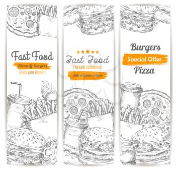 Fast food restaurant menu sketch banner set. Burger, pizza, hot dog, hamburger, soda and coffee drinks, french fries, cheeseburger and ice cream cone. Takeaway food and drink menu banner design