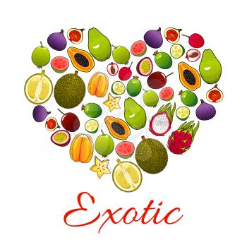 Exotic fruit love heart poster, composed of tropical feijoa, carambola, passion fruit, fig, dragon fruit, lychee, guava and durian. Tropical juice or fruit drink label design