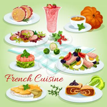French cuisine cartoon icon of tuna egg salad with tomato and olive, potato cheese casserole, salmon tartare, duck salad, pumpkin soup, liver mousse in bacon, cream berry dessert, stuffed cabbage