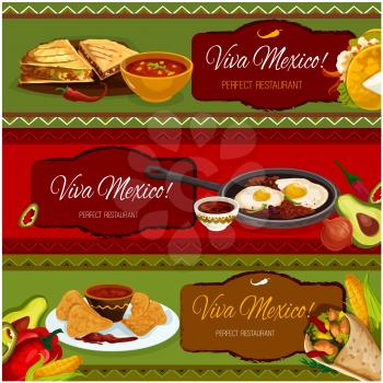 Mexican cuisine restaurant banner set with salad taco in corn tortilla, nachos with tomato chili sauce salsa, burrito with beef and vegetable stuffing, spicy bean stew with fried eggs