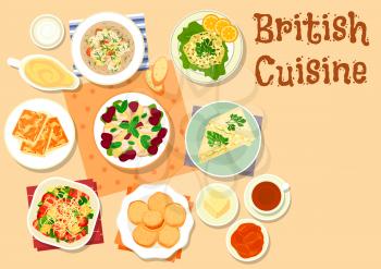 British cuisine breakfast dishes icon with cheese toast, vegetable bacon salad, cucumber sandwich, chicken salad with cherry, irish fish soup, scones with apricot jam, fish pate. Food theme design