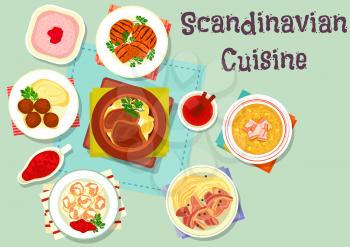 Scandinavian cuisine dishes with dessert icon of beef steak with beet, vegetable beef stew, meatball with berry sauce, pea bacon soup, lamb cabbage stew, meatball, porridge raspberry dessert