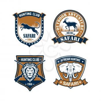 Hunting club, safari and outdoor adventure badge set. Hunter sport club symbol with lion, elephant, leopard and antelope on heraldic shield with crossed rifles, ribbon banner and stars