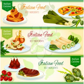 Italian cuisine banner set. Italian seafood pizza and pasta, spaghetti carbonara with bacon and parmesan, florentine beef steak, stuffed cannelloni pasta with cheese, poached pear fruit in red wine