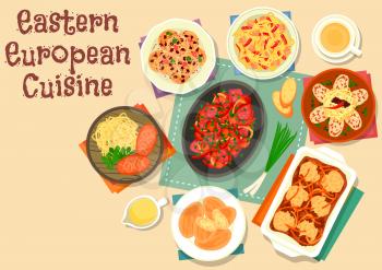 Eastern european cuisine lunch icon of pepper beef stew, cabbage stew with sausage and ham, fried sausage with cabbage, meat cabbage dumpling, patty, potato dumpling in meat sauce, raisins cookie