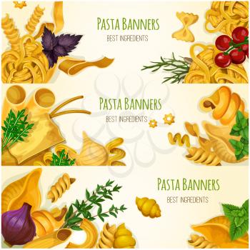 Italian pasta with tomato and basil banner set. Traditional macaroni, spaghetti, noodle, penne, farfalle, ravioli, lasagna and cannelloni pasta with vegetable and herbs for food packaging, menu design