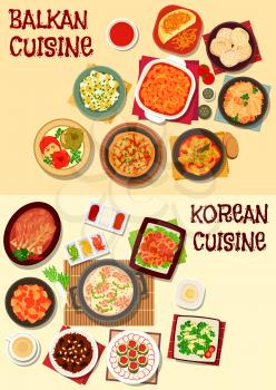 Korean and balkan cuisine icon set with kimchi vegetables, seafood soup, vegetable and bean stew, marinated fish, stuffed cabbage and pepper, polenta, vegetable omelette, rice dessert, almond meringue