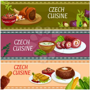Czech cuisine cartoon banner set. Traditional baked pork hock, fried cheese, pickled sausage with vegetables, beef roll, potato soup in rye bread bowl, cucumber cream soup and grilled cake trdelnik