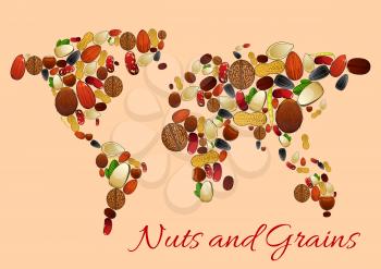 Nuts, seed and grains world map silhouette poster. Peanut, almond, coffee bean, hazelnut, walnut, coconut, pod of bean, sunflower and pumpkin seed. Healthy food theme, vegetarian recipe design
