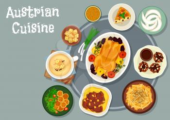 Austrian cuisine festive dinner icon with beef vegetable stew, goose baked with apple, cheese potato dumplings, beer soup with crouton, potato noodle, nut cake with cream and chocolate, almond cookie