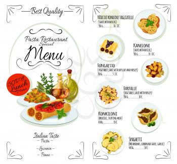 Pasta menu template of italian cuisine restaurant. Spaghetti with tomato, cheese, basil and mushroom, stuffed pasta with vegetables and meat, seafood lasagna dishes list with prices and ingredients