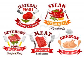 Meat shop and butchery symbol set. Fresh chicken, beef steak and ribs, pork chops and tenderloin slices, framed with ribbon banner, knives and chef hat. Meat farm, steak house menu design