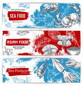 Seafood and japanese cuisine restaurant menu banner set. Fresh fish, crab, salmon steak, sushi, shrimp, caviar and squid sketches. Seafood shop, asian cuisine restaurant design
