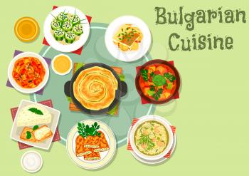 Bulgarian cuisine dinner dishes icon with vegetable meat stew, fried stuffed pepper, stuffed cucumber with cheese, eggplant pate with toast, meatball rice soup, pumpkin pie, eggplant stew