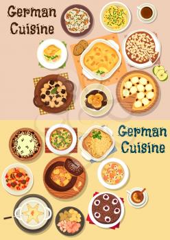 German cuisine icon set with cheese and beer fondue, meat stew, cabbage and sausage soups, potato and apple pies, sausage vegetable casserole, chocolate and cheese cakes, liver with apple, stollen