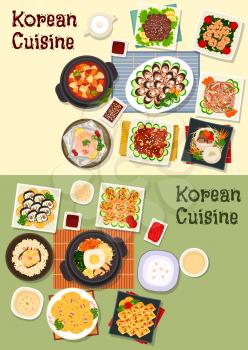 Korean cuisine icon set with sushi roll, grilled meat, fish, blood sausage, mixed vegetable rice, egg roll, chicken rice, beef stew, spinach shrimp, beef noodle, omelette, pork tofu soup, bean pancake