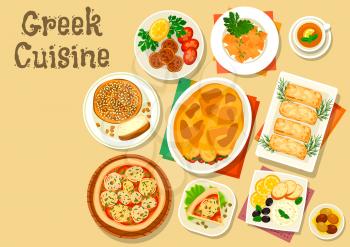 Greek cuisine healthy lunch icon with vegetable meat casserole moussaka, fried feta cheese, fish roe spread with olive and bread, egg pasta, meatball, open onion tomato pie, sweet bread vasilopita
