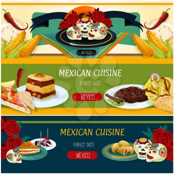 Mexican cuisine banner set. Chicken burrito, salmon ceviche tortilla, meat pie empanadas, bacon date tapas, bread pudding, apricot cake, cinnamon cookie, sugar skull candy. Mexican food label design
