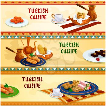 Turkish cuisine pastry and sweets with coffee banner set. Nut and honey nougat, pistachio baklava, fried cake with sugar syrup, chocolate cake with walnut, filo pastry roll with cheese