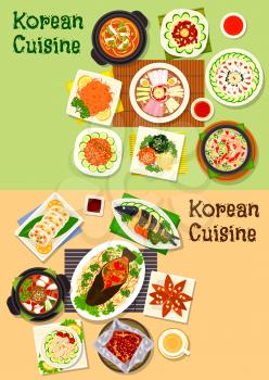 Korean and asian cuisine icon set of fish dishes with vegetables, kimchi pork soup, cold noodles, beef and duck soup, vegetable, bean and seafood salads, marinated veggies, beef, cod, ginger cookie