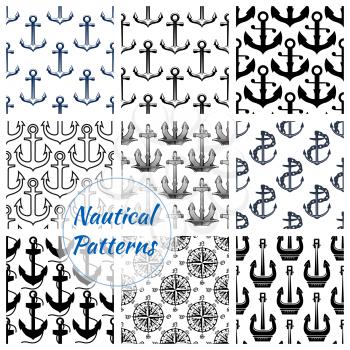 Navy anchor and compasses seamless pattern set. Nautical background of sea anchor with chain, rope and old marine compass rose. Marine transportation and sea travel themes design