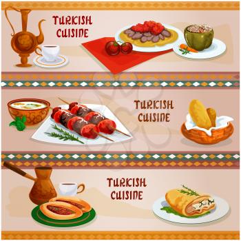 Turkish cuisine meat dishes banner set. Lamb shish kebab on skewers, stuffed pepper, iskender kebab with tomato sauce on pita bread, meat pie pide, rice mint soup, puff pastry pie with cheese