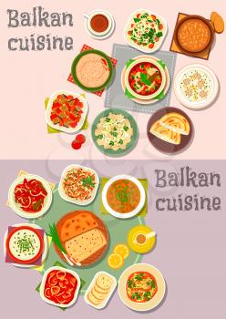 Balkan cuisine icon set with tomato, pepper and fish salads, tomato pepper stew, paprika cheese spread, baked bean, fish stew, cheese, meatball rice and fish soups, potato and cheese pies