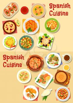 Spanish cuisine seafood dishes icon set with shrimp, tomato, bean sausage and garlic soups, seafood noodles, onion and fish tapas, grilled vegetables and fish, potato bean and fish salads, bean stew