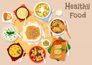 Healthy dishes with olives and cornichon icon of cream soup, rice casserole and sour soup with pickled cucumbers, meatloaf, baked chicken, orange salad, bean pate and potato fish salad with olives