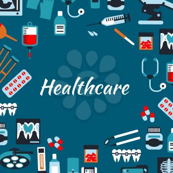 Healthcare medical infographic banner. Vector symbols and icons of hospital medicine equipment and therapy x-ray, sonography, dropper, pills, stethoscope, tonometer, syringe, dentist tools