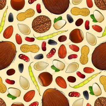 Seamless pattern of nuts and grains. Natural coconut, almond, pistachio, cashew, hazelnut, walnut, bean pod, peanut, sunflower, pumpkin seeds. Vegetarian healthy nutritious raw food