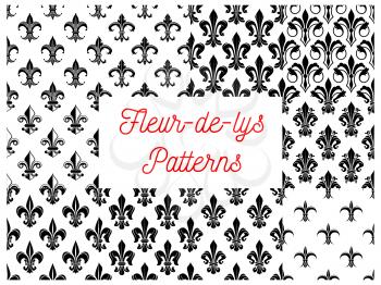 Black and white fleur-de-lis floral seamless pattern with set of french royal lily flowers with victorian leaf scrolls. Wallpaper, vintage interior accessory design