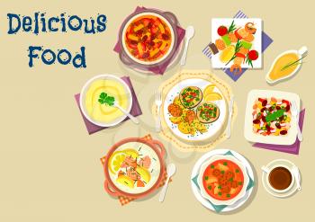 Popular soup and salad dishes icon with meatball tomato soup, grilled seafood with vegetables, bean beef stew, salmon cream soup, fried fish with potato, bean salad, chickpea mash