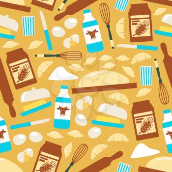 Baking seamless pattern. Vector pattern of pastry cooking tools, kitchen utensils and ingredients. Flour, dough, rolling pin, croissant, eggs, milk pack, whisk, knife, butter