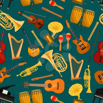 Music instruments seamless pattern. Vector background of string and wind musical instrument symbols and icons of piano, violin, electric guitar, saxophone, harp, drum, cymbal, trumpet,