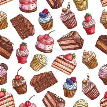 Sweet cakes, strawberry cupcakes, chocolate muffins, tarts with fruits and berries. Vector color sketch seamless pattern of baked desserts for patisserie, bakery, pastry shop decoration design element