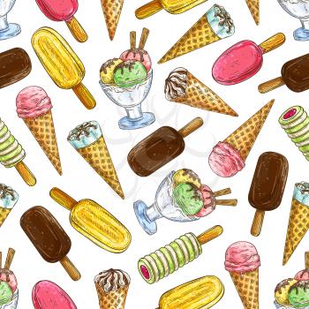 Ice cream pattern. Vector pattern of ice cream elements eskimo pie, frozen ice, sorbet, gelato, sundae, scoops in cones and cups. Decoration sketch background for cafe menu card, restaurant design