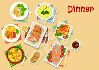 Meat and potato dishes for lunch icon with chicken in potato batter, beef chop with cheese, pancake with egg, potato bacon soup, beef pumpkin lasagna, potato cream soup, liver pate